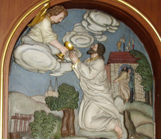 Jesus betet vor seiner Gefangennahme im Garten Gethsemane am Ölberg, Schnitzerei in der Pfarrkirche Schlüsselfeld
